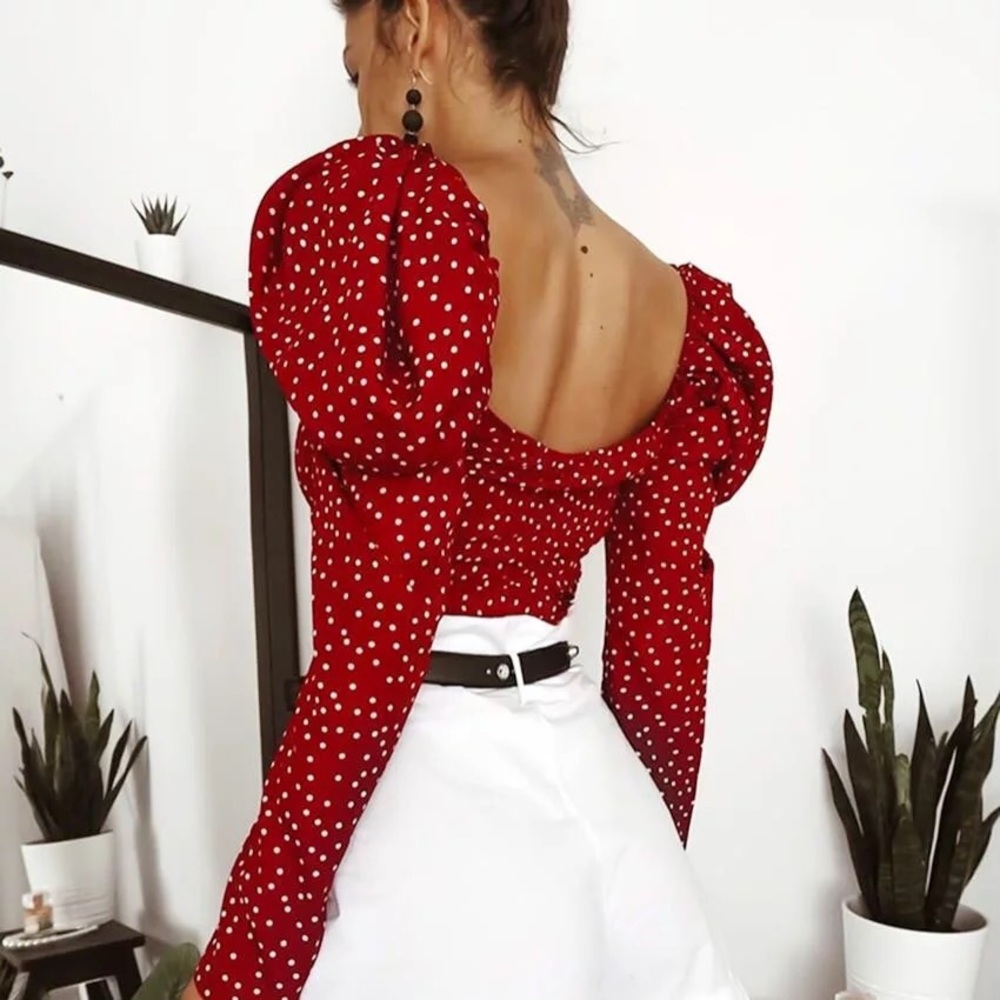 Puff sleeve crop top blouse shirt polka dot red top shirt open back tie - Picture 4 of 6